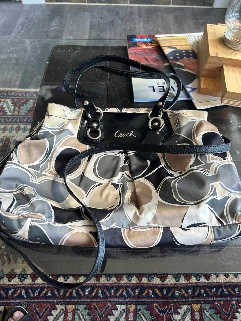 Coach Multicolor Signature Circle Print Shoulder Bag with Black Trim